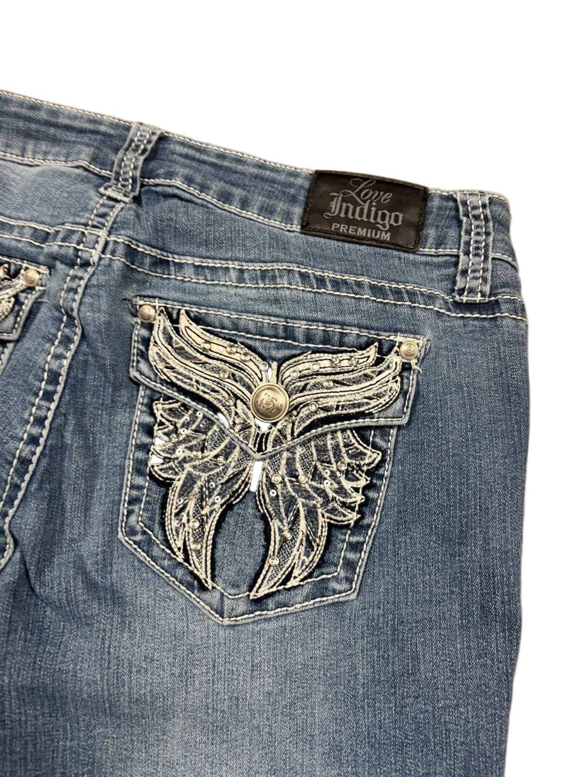 Vintage Y2K Love Indigo Butterfly Flared Jeans (M)