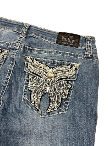 Vintage Y2K Love Indigo Butterfly Flared Jeans (M)
